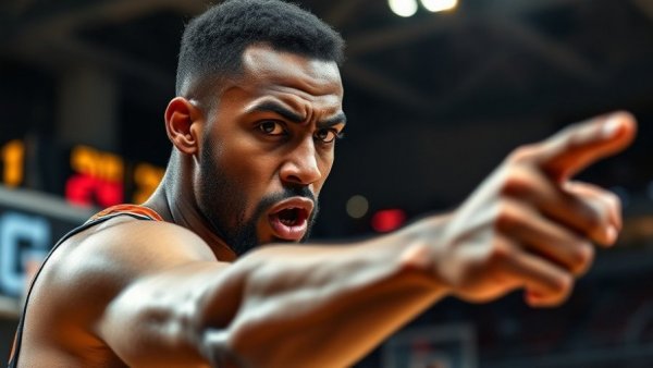 Focused basketball player pointing emphatically on court, game action