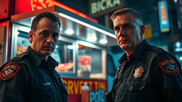 Houston police investigate food truck scene during night.