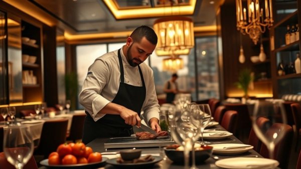 Dallas dining experience with a chef preparing steaks in a modern setting.
