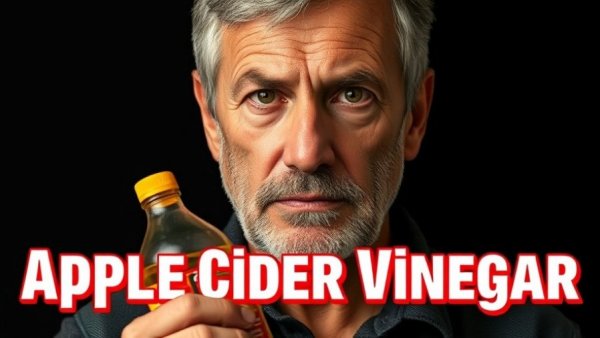 Serious man holding apple cider vinegar, highlighting harmful substances for skin care.