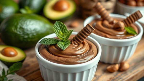 Delicious avocado chocolate mousse garnished with mint and wafers.