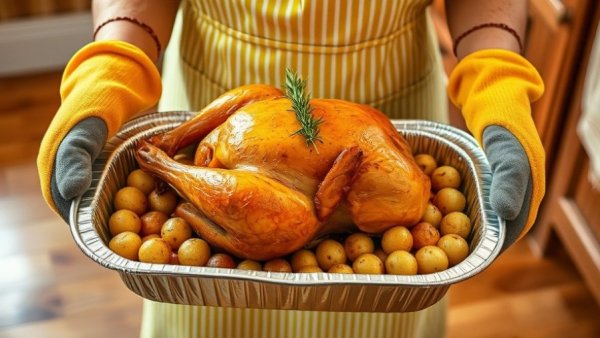 Roasted turkey and potatoes in tray, highlighting Thanksgiving dinner cost 2025.