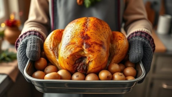 Thanksgiving dinner costs illustrated by a roasted turkey in a kitchen.
