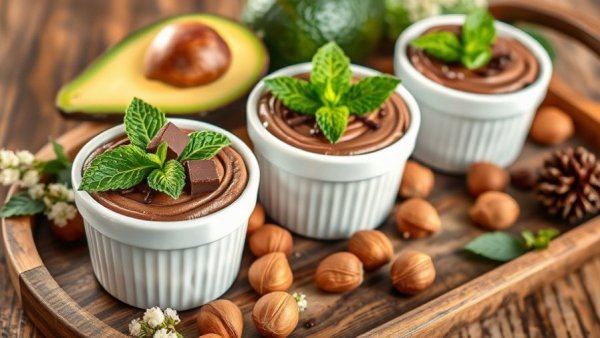Avocado Chocolate Mousse topped with mint and hazelnuts.