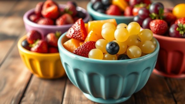 Heart-shaped bowls with fresh fruit on wood surface, low-glutamate diet.