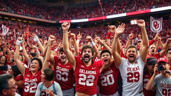 Oklahoma team celebrates victory over Alabama in packed stadium.