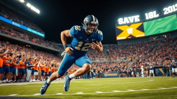 BYU vs. TCU football highlights, player in action, illuminated stadium.