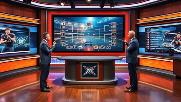 College sports analysts discuss playoff bracket in studio.