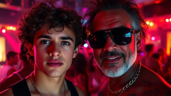 Miami Beach nightlife scene featuring a young and older man posing together.