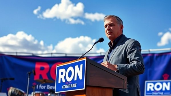 Man speaks at campaign event with branded background for Bexar County judge.