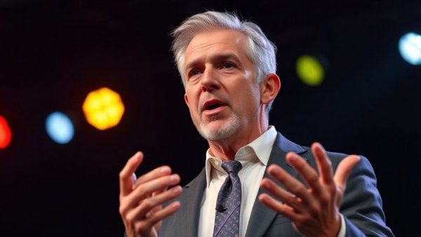 Middle-aged man speaking on stage about Texas AG lawsuit and work-study programs.