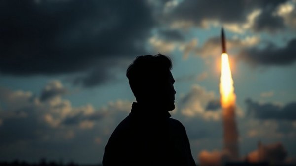Tactical nuclear weapons South Korea, silhouette and missile launch against cloudy sky.