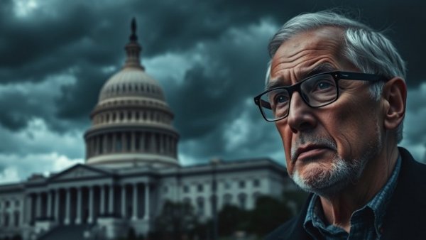 Dramatic Capitol and thoughtful man symbolize healthcare crisis USA.