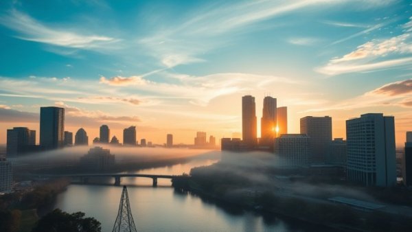 Austin skyline at sunrise with mist over the river, reflecting 2026 bond package feedback.