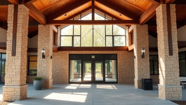 Modern community center entrance in Kerrville with stone pillars and beams.