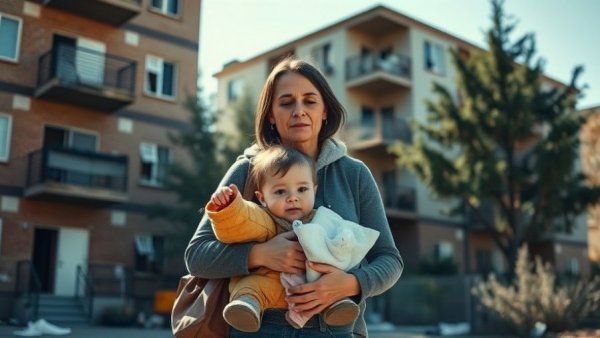 Families relocate after apartment fire in San Antonio; mother and child outside with belongings.