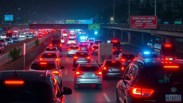 Traffic congested highway due to motorcycle crash consequences, emergency lights.