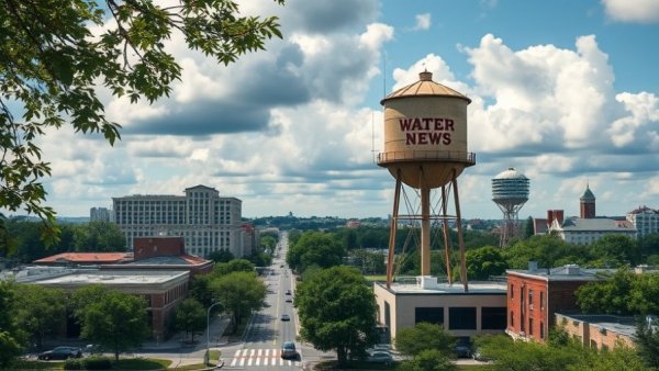 Round Rock water tower above urban landscape, Austin lifestyle