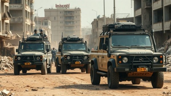 Vehicles and personnel in search operation in damaged landscape.