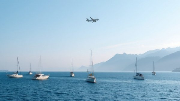 Serene view of boats and aircraft over mountains related to Iran seizure of oil tanker.
