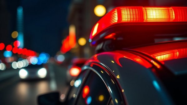 Police car with flashing lights in the city at night, San Antonio crime reports.
