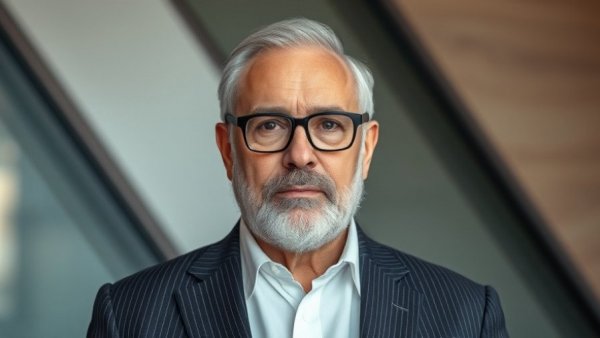 Elderly man in pinstripe suit looking serious against modern backdrop.