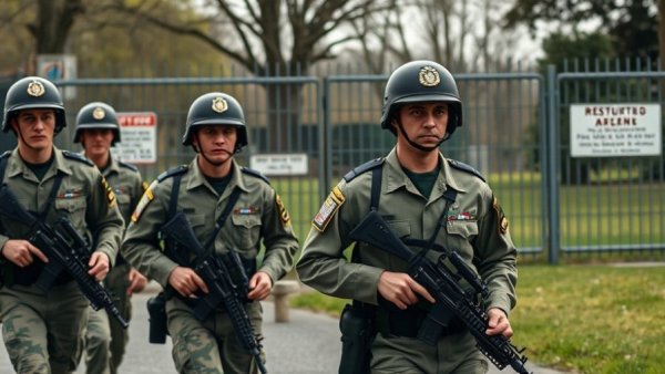 Soldiers in uniform withdrawing from gated area, National Guard Withdrawal.