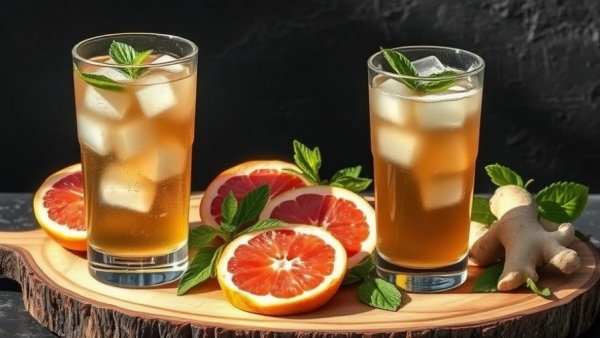 Citrus Maté Fizz with grapefruit and mint on wood platter.