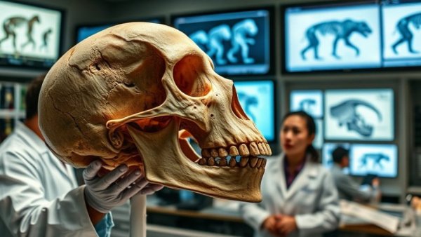 Scientists studying a skull and human evolution images in a lab.