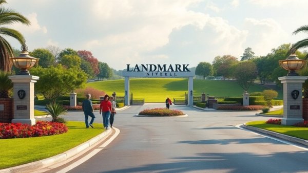 Lush entrance to Landmark Denton Real Estate Development with people.