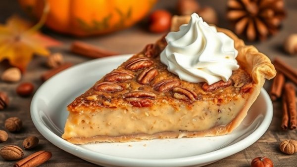 Golden vanilla pecan pie slice topped with whipped cream