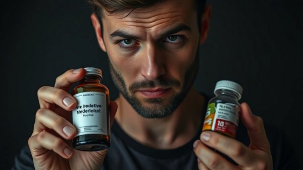 Man examining medicine and pills, reflecting healthy choices for seniors, natural wellness for seniors.