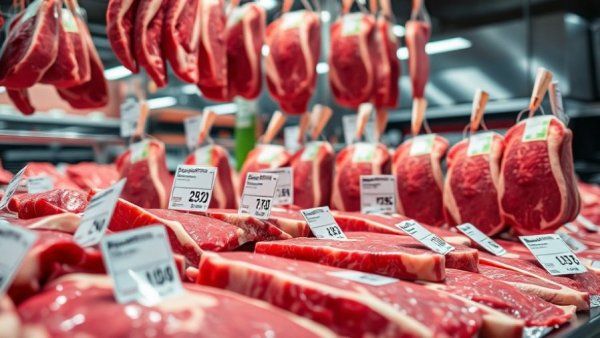 Price increase in beef cuts displayed at grocery.