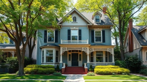Elegant Victorian house in Houston real estate market, lush garden, daytime.