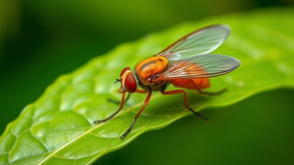 Photo of a fruit fly, illustrating details of sex-specific features.