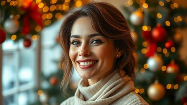 Woman in beige with Christmas decor, festive style.