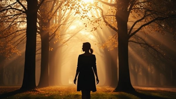 Serene walk in autumn park as non-hormonal treatment for menopause.