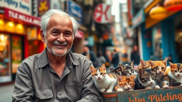 Elderly man enjoying a moment with kittens in a lively city environment, promoting mental wellness for seniors.