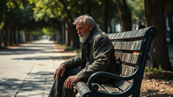 Austin homelessness progress: Man on bench in urban park.