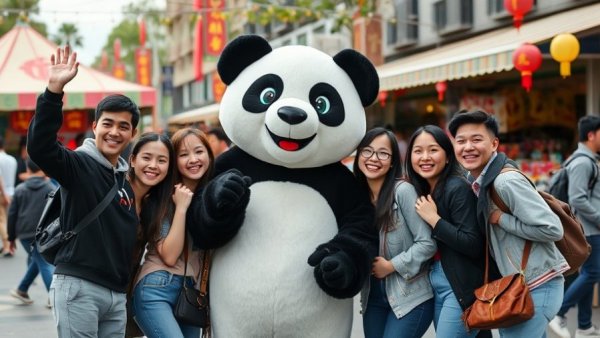 Fun at Panda Fest Austin with a giant panda and friends.