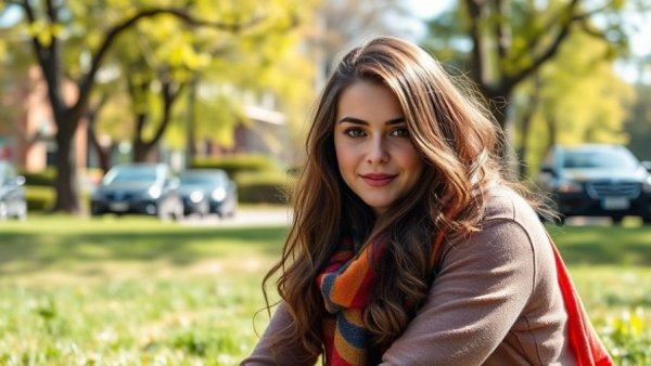 Young woman sitting on grass wearing a colorful scarf.