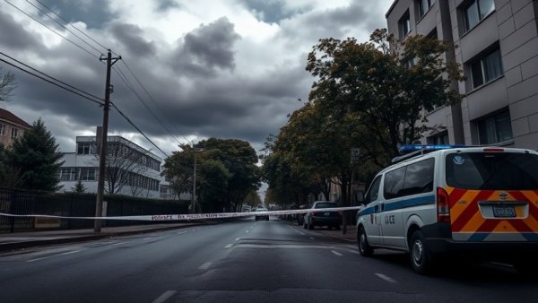 San Antonio crime scene with police and vehicles under cloudy sky.