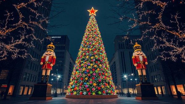 All American Christmas Tree Lighting in city plaza at night.
