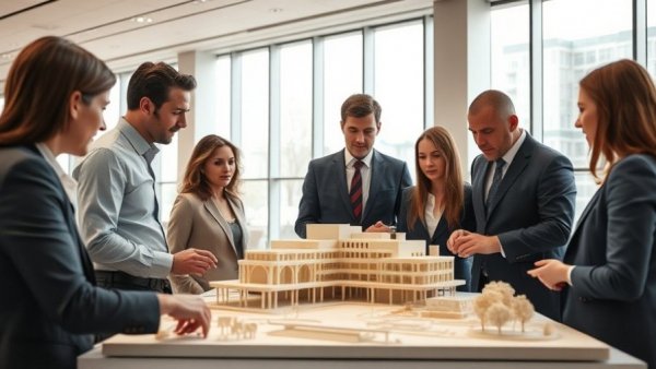 Professionals discussing architectural model for tokenized hotel investments.