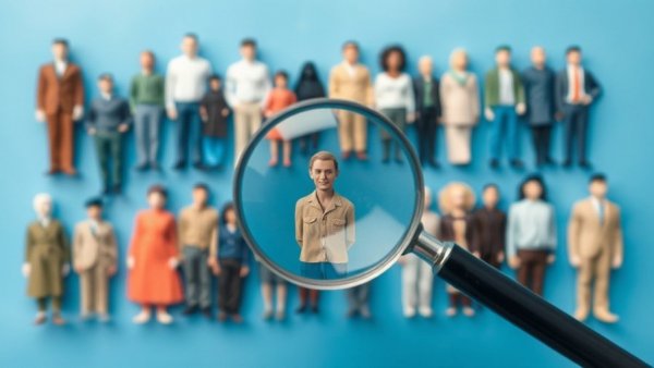 Magnifying glass examining human figures, H-1B visa impact concept.