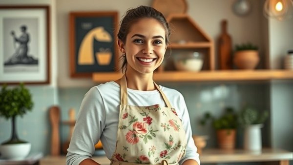 Young baker smiling confidently in cozy kitchen setting.