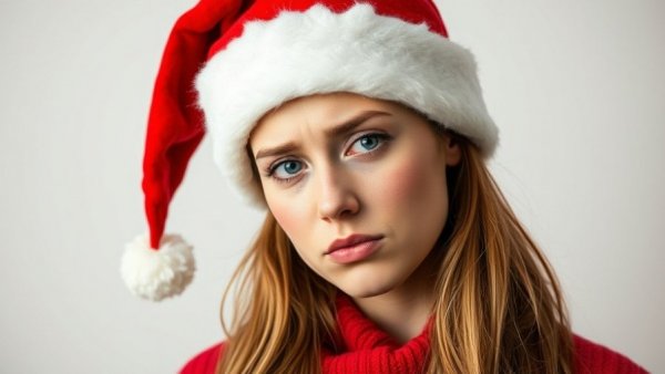 Young woman in a Santa hat puffing cheeks, avoiding holiday bloating tips.