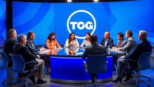 NYC conservatives engage in dialogue with socialist mayor, collaborative roundtable, vivid blue backdrop.