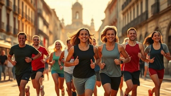 Energetic runcation travel group running through urban sunshine