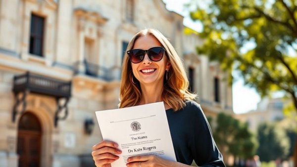 Kate Rogers holding document outside, Alamo building in background, lawsuit context.